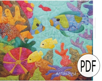 Reef Life Underwater PDF applique and quilting pattern Instant download Sea Wall hanging Mini Quilt Hand sewing Embroidery design pattern