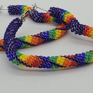 1 3/4&quot;&quot; Silver lined Dark Purple ,peyote stitch beaded heart hoop earrings with Rainbow geometric patterns
