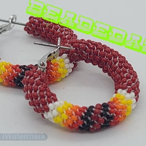 1&quot; Marron Red Small peyote stitch beaded hoop earrings with geometric designs
