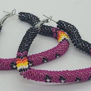 Beaded hoop earrings, 1 3/4&quot; Black and Dark Rose Pink peyote stitch beaded heart hoop earrings, geometric  and daisy patterns