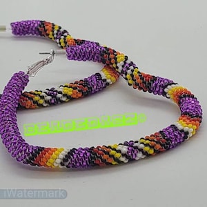 2 1/2&quot; sliver lined purple, black  peyote stitch beaded heart hoop earrings with geometric designs