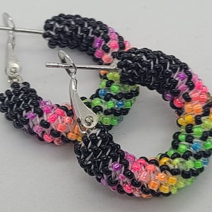 7/8&quot; Sliver lined Clear and Neon peyote stitched Small beaded hoop earrings