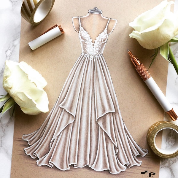 Custom Fashion Illustration - Wedding/Bridal Illustration on Tonal Paper