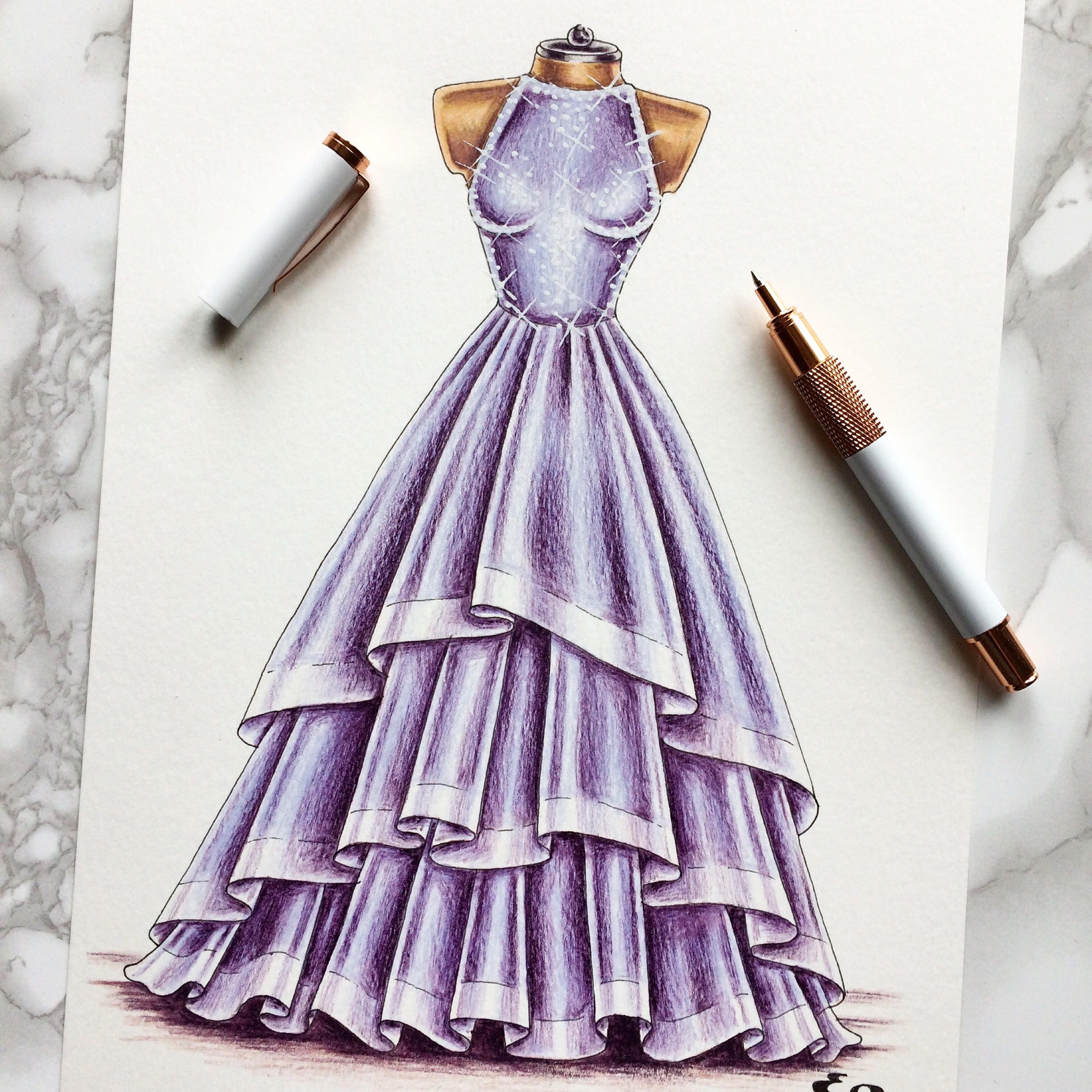 Custom Fashion Dress Illustration Ink and Coloured Pencil Illustration Etsy Canada