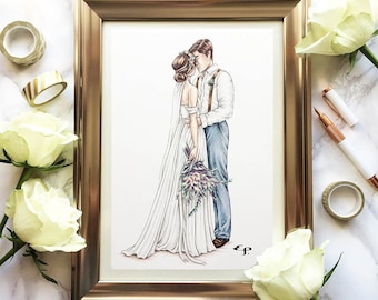 Custom Bride and Groom Illustration - Ink and Coloured Pencil Illustration