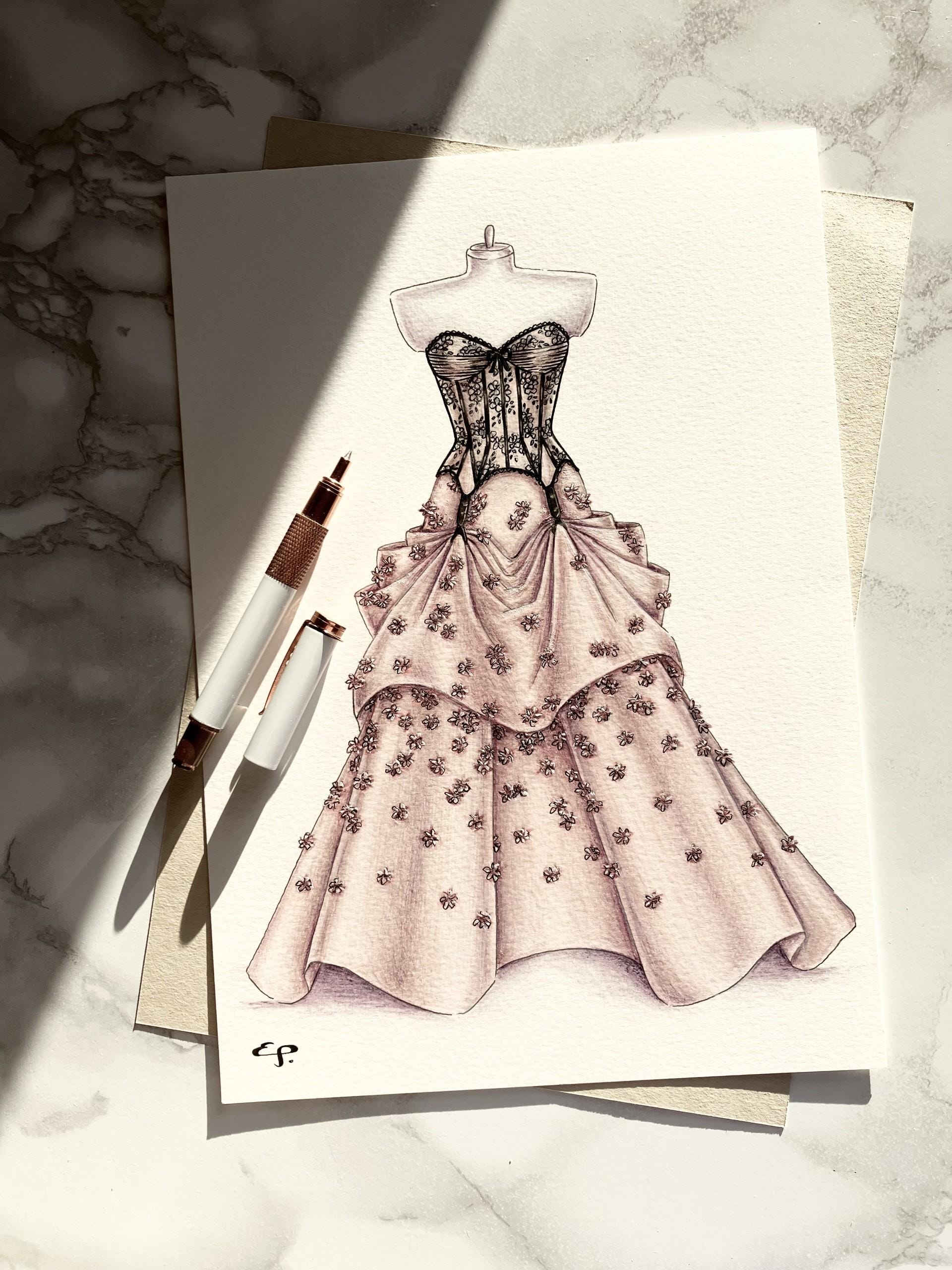 Custom Fashion Dress Illustration - A4 Coloured Pencil Original Custom  Artwork - Etsy