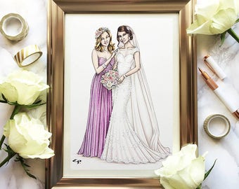 Custom Bridal Illustration of 2 People - Ink and Coloured Pencil Illustration