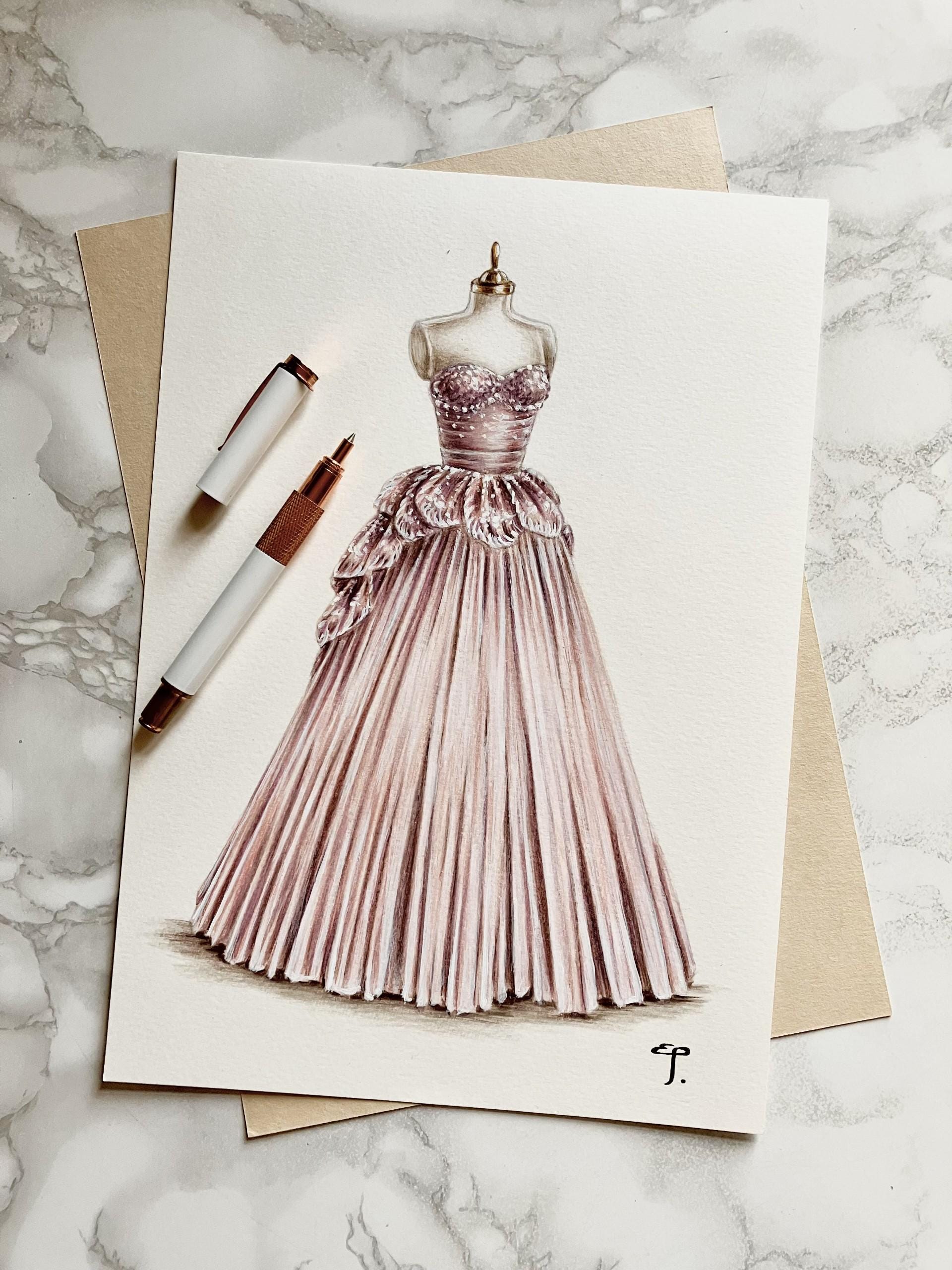 Pencil Drawing Fashion Gown Sketches Custom Fashion Dress Illustration A4  Coloured Pencil Original