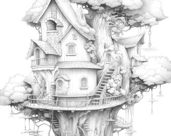 50 beautiful treehouse coloring pages - for adults and children, instant download, grayscale, coloring pages, printable PDF file, coloring pictures