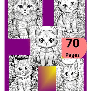 70 pagine da colorare su gattini carini, adulti, bambini, PDF, download, immagini da colorare, diritti di rivendita MRR