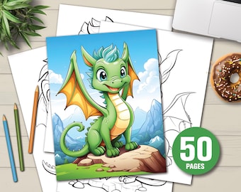 May include: A colouring book featuring a green dragon with yellow wings and blue accents. The dragon is perched on a rock with a mountain background. The book has 50 pages.
