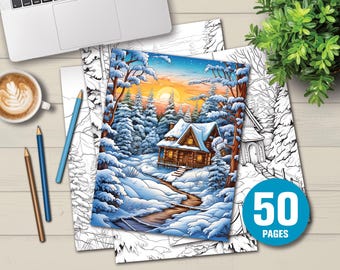 50 desenhos de paisagens de inverno para colorir - Páginas para colorir para adultos e crianças, download instantâneo, arquivo PDF para impressão, desenhos para colorir.