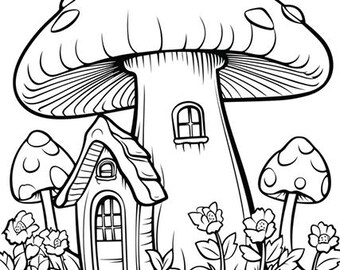 May include: A black and white line drawing of a mushroom house with a small door and window. The mushroom house is surrounded by flowers and a path leading to the door.