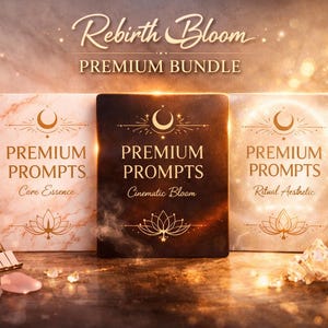 Op de afbeelding: Een productbundel getiteld "Rebirth Bloom" met drie "Premium Prompts" boeken: "Core Essence", "Cinematic Bloom" en "Ritual Aesthetic". De afbeelding toont een roos, kristallen, een kaars en een camera.