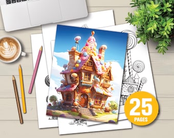 25 Candy House Coloring Pages - Adult and Children Coloring Pages, Instant Download, Grayscale Coloring Book, Printable PDF File