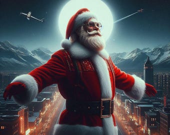 Könnte beinhalten: Eine Weihnachtsmannfigur in einem roten Anzug mit weißen Verzierungen, einem weißen Bart und einer Sonnenbrille. Er steht vor einer Skyline einer Stadt mit einem Vollmond im Hintergrund.