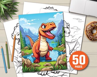May include: A coloring book featuring a cartoon dinosaur in a green and blue landscape. The dinosaur is orange and has a big smile. The book has 50 pages.