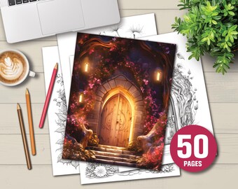 50 Enchanted Fairy Doors Coloring Pages - Adult and Children Coloring Pages, Instant Download, Printable PDF File