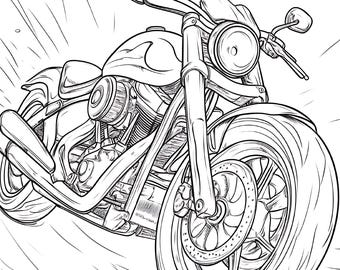 Könnte beinhalten: Schwarz-Weiß-Strichzeichnung einer Motorrad. Das Motorrad hat einen großen Vorderreifen, einen runden Scheinwerfer und einen detaillierten Motor. Lenker und Spiegel sind sichtbar, und das Design suggeriert Geschwindigkeit und Bewegung.