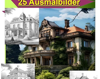 25 coloring pages of German luxury villas for adults and children, instant download, grayscale coloring book, printable PDF coloring book