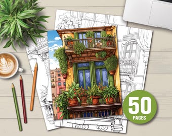 50 Mediterranean Window Coloring Pages - Adult and Children Coloring Pages, Instant Download, Printable PDF File, Coloring Pages, Coloring Pictures