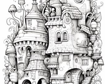 Può includere: Illustrazione dettagliata in bianco e nero di un complesso di castelli stravaganti. Il disegno presenta più torri, porte ad arco ed elementi decorativi. Lo stile ricorda un'ambientazione fantasy o fiabesca, con motivi a spirale e strutture a forma di fungo.