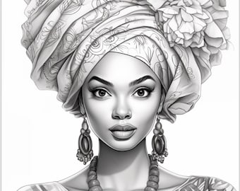 May include: Monochrome illustration of a woman with a detailed head wrap and a large flower. She wears large earrings and a beaded necklace. Her top has a floral pattern.