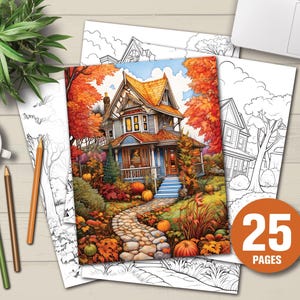 25 Autumn Houses Coloring Pages - Adult Children Coloring Pages, Instant Download, Printable PDF File, Coloring Pages,
