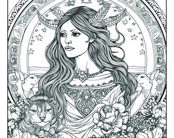 Könnte beinhalten: Schwarz-Weiß-Illustration einer Frau mit langem, fließendem Haar, geschmückt mit einem gefiederten Kopfschmuck, umgeben von Blumen, Sternen und einer Katze. Das Kunstwerk ist von einem dekorativen Rahmen umgeben.