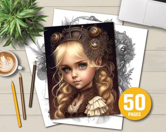 May include: A coloring book featuring a detailed illustration of a young girl with blonde hair wearing a steampunk-inspired crown. The book has 50 pages and is perfect for adults and children who enjoy intricate designs.