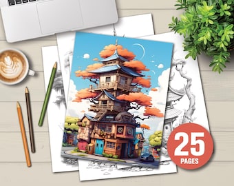 25 Fairy Houses in Japanese Style Coloring Pages - Adults and Children Coloring Pages, Instant Download, Printable PDF File