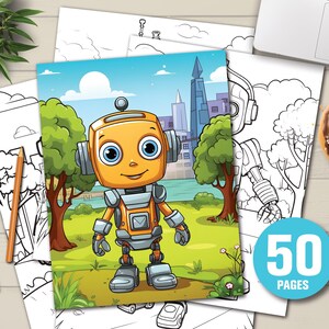50 cute robot coloring pages, coloring pages for kids, for instant download, coloring book, printable PDF file