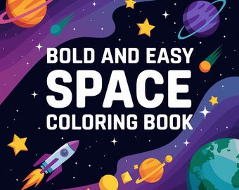 May include: A colorful illustration for a space-themed coloring book. The design features planets, stars, a rocket ship, and the text "BOLD AND EASY SPACE COLORING BOOK" in white letters against a dark blue and purple background.