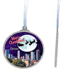 Detroit Michigan USA Skyline Moonlight Santa Sleigh Ride Jumbo Huge 16cm Christmas Sparkly Silver Glitter MDF Ornament with Ribbon