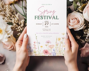 Mall för vårfestivalinbjudan 5x7, redigerbar vårinbjudan, inbjudan till kyrkoevenemang, inbjudan till vårfest, Canva-mall