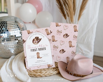 Inbjudan till första Rodeo-födelsedagsflicka, Cowgirl-födelsedagsinbjudan, rosa westernfestinbjudan, redigerbar Canvas-mall, Boots & Rosetter-tema