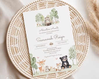 Mall för inbjudan till skogsbabyshower, äventyr väntar babyshowerinbjudan, skogsdjurs babyshowerinbjudan, höstbabyshowerinbjudan