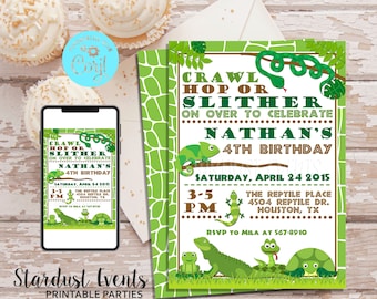May include: A reptile-themed birthday party invitation with the text "Crawl, Hop or Slither" and "Nathan's 4th Birthday." The invitation features illustrations of a snake, chameleon, lizard, frog, and turtle. The invitation is green and brown.