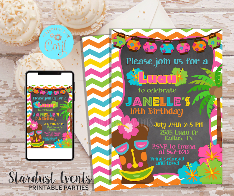 Luau Birthday Invitation, Luau Party Invitation, Luau Invitation, Hawaiian Birthday Invitation, Hawaiian Invitation,Editable Luau Invitation image 2