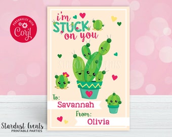 May include: A Valentine's Day card with a cactus theme. The card features the text "I'm stuck on you" with cute cartoon cacti and hearts. The card is personalized with the names "Savannah" and "Olivia".