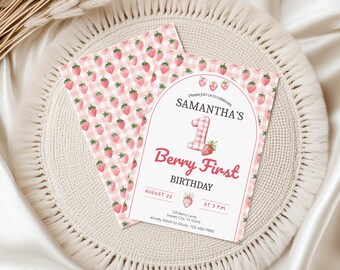 Mall för inbjudan till första födelsedag med bär, inbjudan till första födelsedag med jordgubb, redigerbar Canvas-inbjudan till första födelsedag, inbjudan till flicka med rosa ginghammotiv