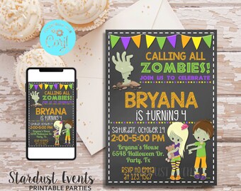 May include: A Halloween party invitation with the text "Calling All Zombies!" and "Bryana is Turning 4." The design includes cartoon zombie illustrations and party details. A smartphone shows the same design. Cupcakes and an envelope are in the background.