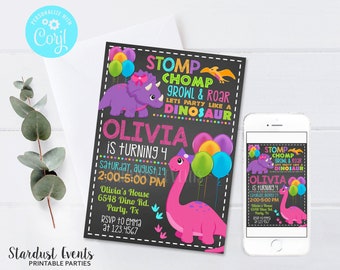 Editable Girl Dinosaur Invitation, Girl Dinosaur Birthday Invitation, Girl Dinosaur Chalkboard Invitation, Dinosaur Invitation, Dino Invite