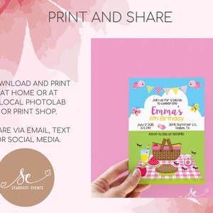 May include: A pink and green birthday invitation with the text "Emma's 6th Birthday". The invitation features a picnic theme with a basket, watermelon, and ants. The invitation also includes the text "Print and Share".