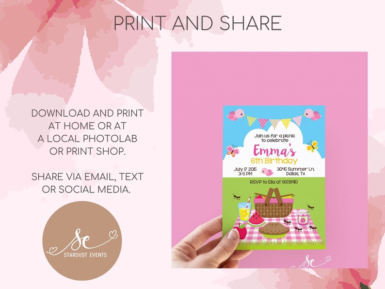 May include: A pink and green birthday invitation with the text "Emma's 6th Birthday". The invitation features a picnic theme with a basket, watermelon, and ants. The invitation also includes the text "Print and Share".