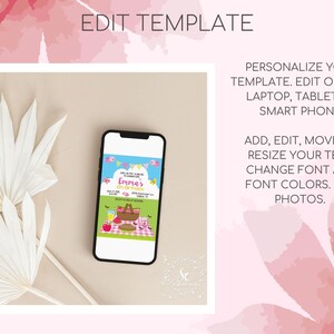May include: A smartphone displays a picnic-themed invitation with the text "Emma's" and event details. The phone is set against a neutral background with floral accents and text that reads "Edit Template" and instructions for personalization.