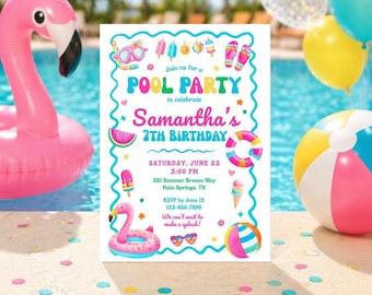 Mall för födelsedagsinbjudan till poolparty, sommarpoolinbjudan, flamingofastinbjudan, redigerbar canvasinbjudan, barnfödelsedagsinbjudan