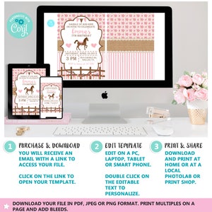 May include: A pink and brown printable invitation for a 7th birthday party. The invitation features a horse and the text "Saddle Up and Ride on Over to Celebrate Emma's 7th Birthday".