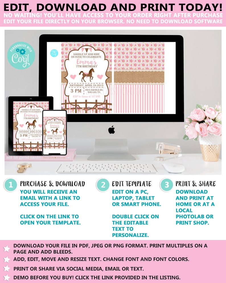 May include: A pink and brown printable invitation for a 7th birthday party. The invitation features a horse and the text "Saddle Up and Ride on Over to Celebrate Emma's 7th Birthday".