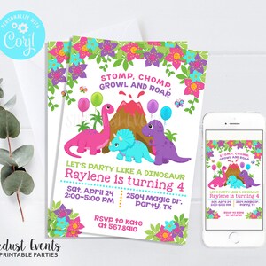 May include: A printable dinosaur birthday party invitation with a pink, purple, and blue dinosaur illustration. The invitation says "Let's party like a dinosaur, Raylene is turning 4".